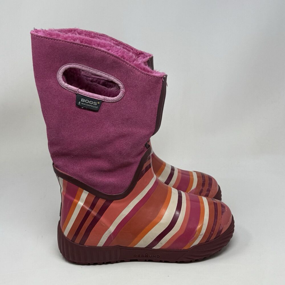 Bogs Prairie Stripe Boots Girls Size 2 Purple Suede Rubber Waterproof Faux Fur